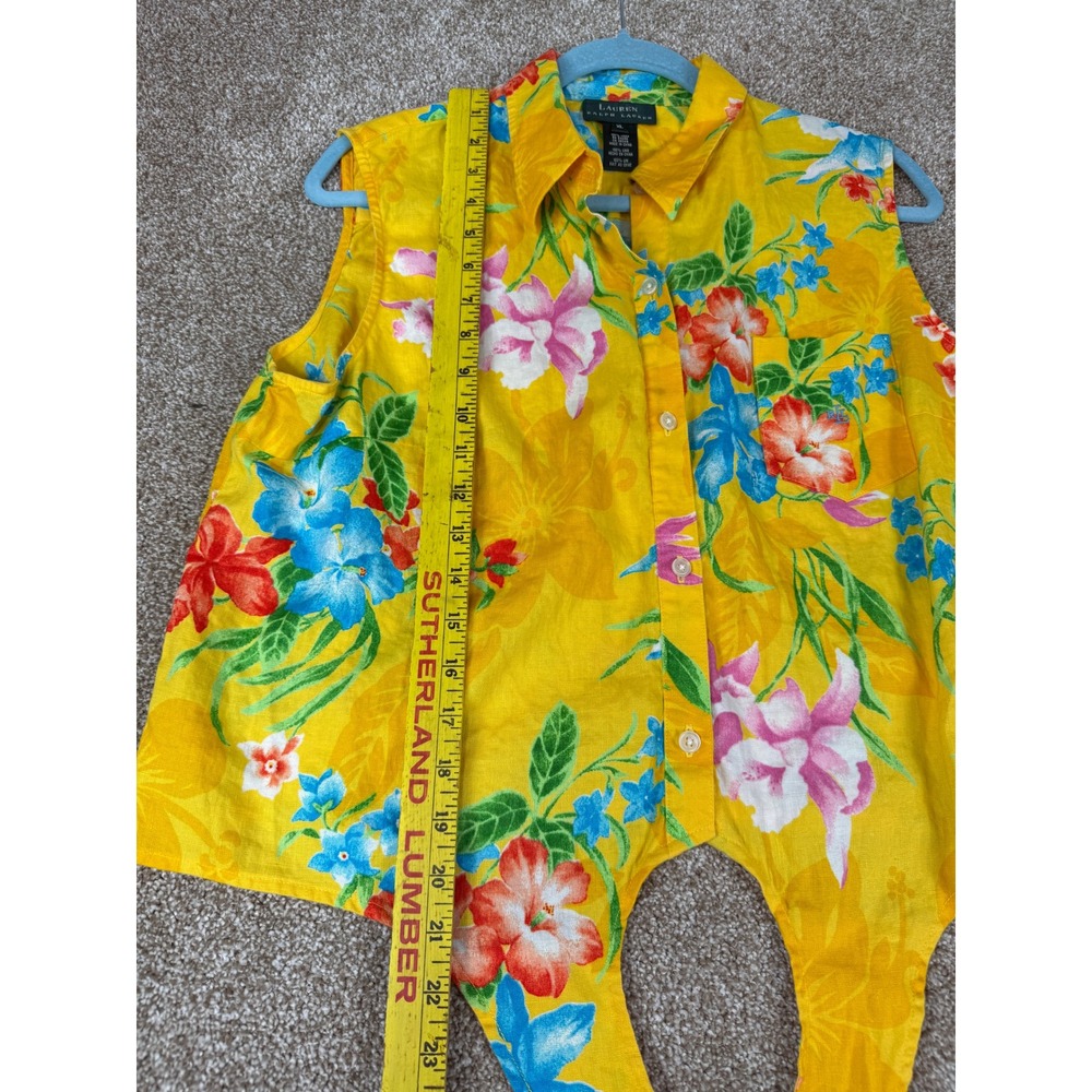 Lauren Ralph Lauren Yellow Linen Tropical Floral Tie Front Sleeveless Top XL - Picture 4 of 11